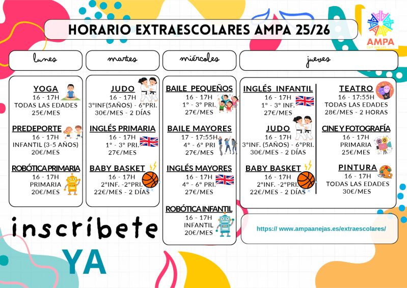 Horario Extraescolares 2205-2026 AMPA Anajas León